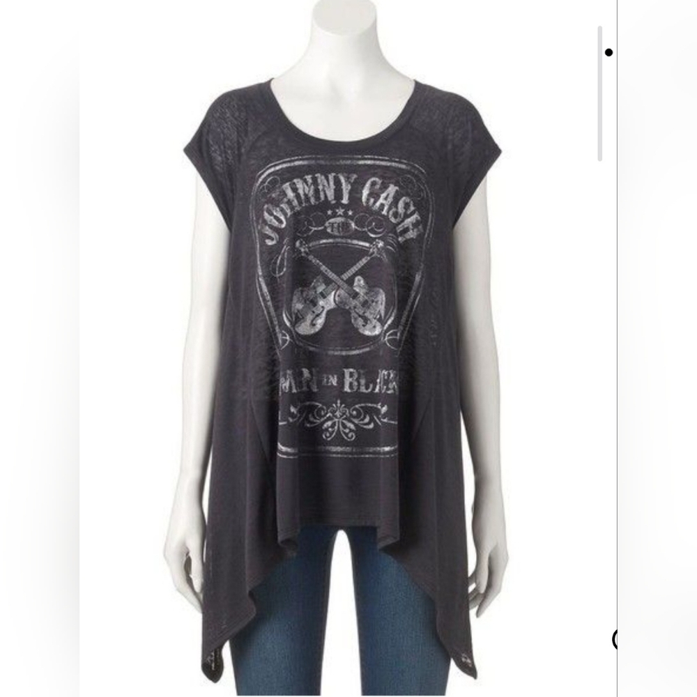 Rock & Republic Johnny Cash Handkerchief Tee Sheer Sparkly Distressed Small